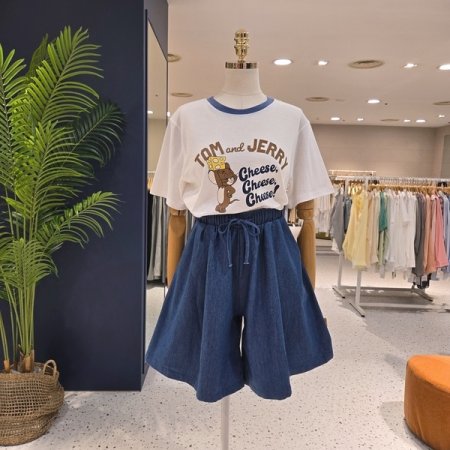 체다치즈 넥배색 반팔 티셔츠