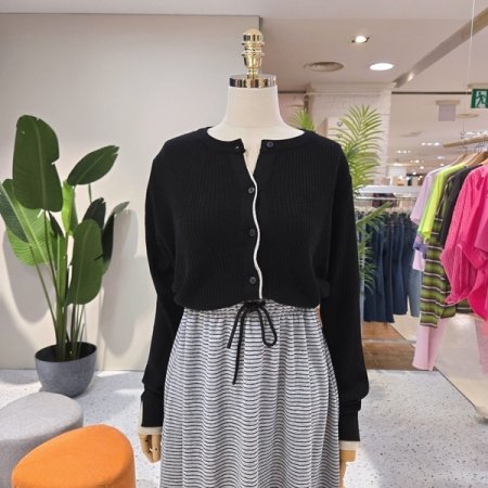 배색 레이 트임단 나트가디건