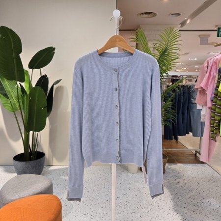 배색 레이 트임단 나트가디건