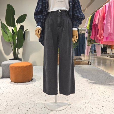 핀턱 와이드 뒷밴딩 데님팬츠