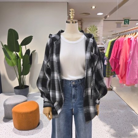 루즈핏 톡톡 샤인 체크후드남방