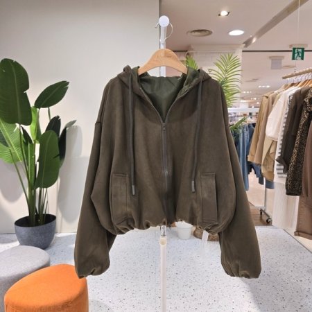 스웨이드 볼륨 주름 후드점퍼