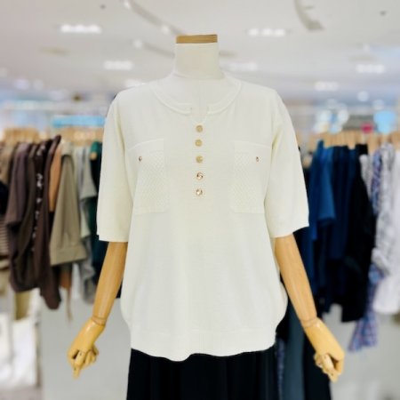 브이넥 단추 반팔 니트