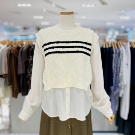 셔츠 배색 니트 티셔츠