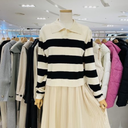 카라 니트 플리츠 배색 원피스