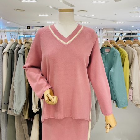 배색 포인트 브이넥 니트 스커트 세트