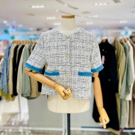 데님 배색 트위드 반팔 자켓