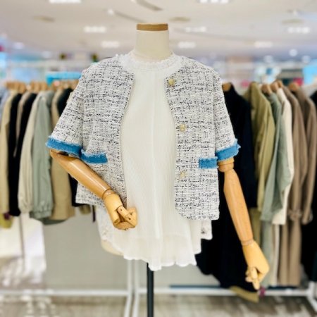 데님 배색 트위드 반팔 자켓