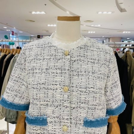 데님 배색 트위드 반팔 자켓