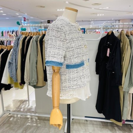 데님 배색 트위드 반팔 자켓