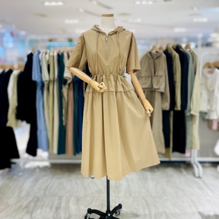 후드 지퍼 스트링 원피스