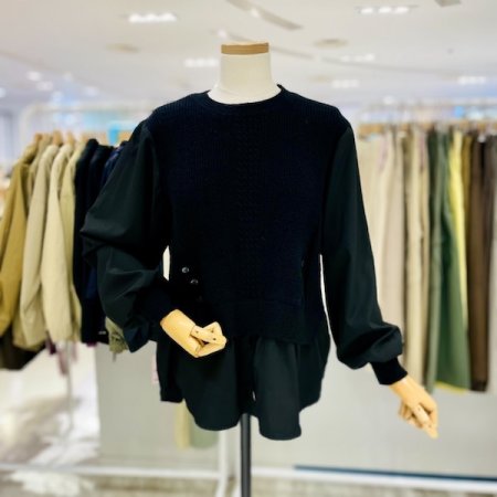 단추 니트 배색 티셔츠