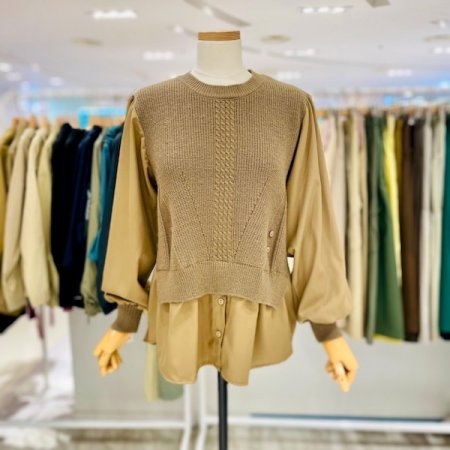 단추 니트 배색 티셔츠