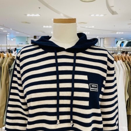 단가라 배색 포켓 후드 니트