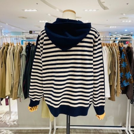 단가라 배색 포켓 후드 니트