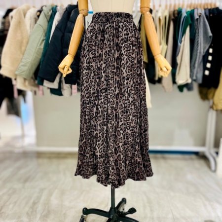 올밴드 호피 주름 롱 스커트