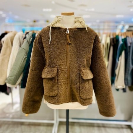 띠 배색 양털 니트 후드 점퍼