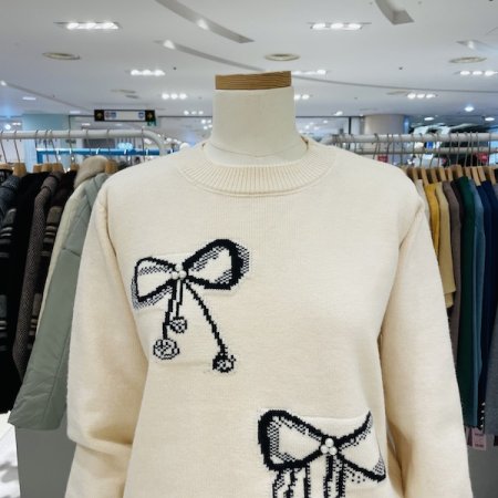 리본 자가드 펄 니트