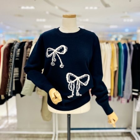 리본 자가드 펄 니트