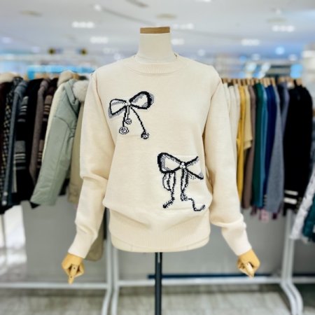 자가드 펄 리본 니트