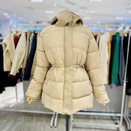 후드 레더 배색 미디엄 패딩