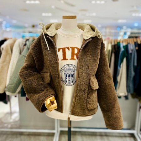 니트 후드 양털 띠 배색 점퍼