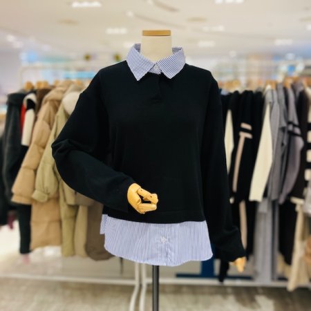 스트라이프 배색 남방 니트