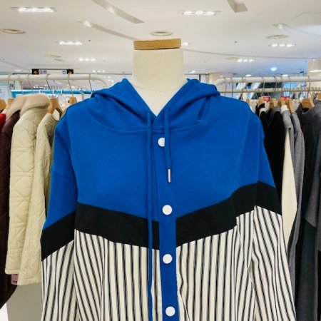 배색 후드 비비드 언발 줄 남방