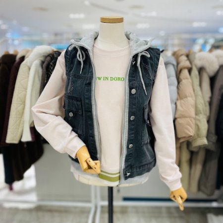 후드 배색 데님 베스트