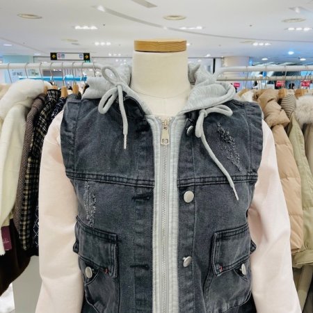 후드 배색 데님 베스트