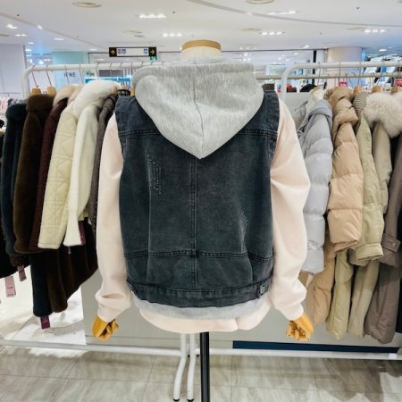 후드 배색 데님 베스트