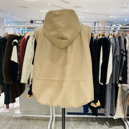 후드 밑단 벌룬 가죽 베스트