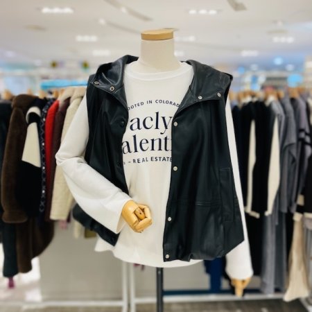 후드 밑단 벌룬 가죽 베스트