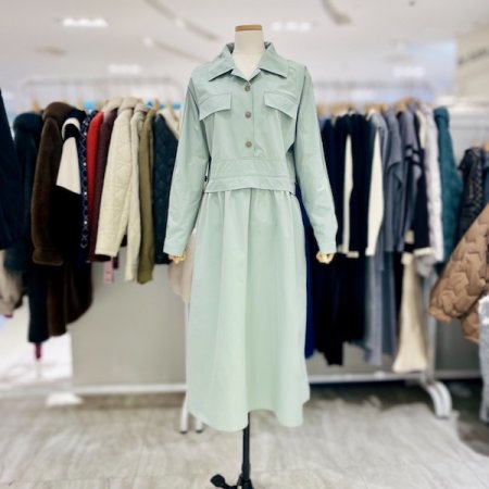 허리 스트링 카라 긴팔 원피스