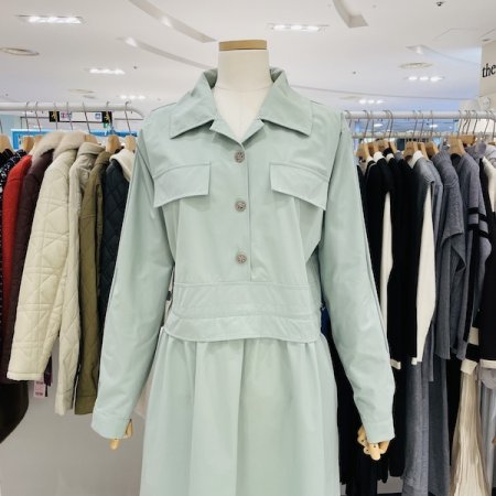 허리 스트링 카라 긴팔 원피스