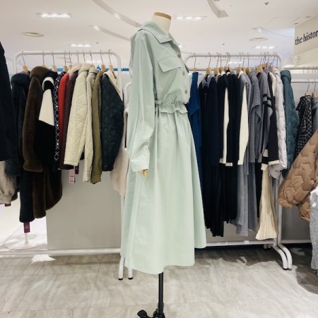 허리 스트링 카라 긴팔 원피스