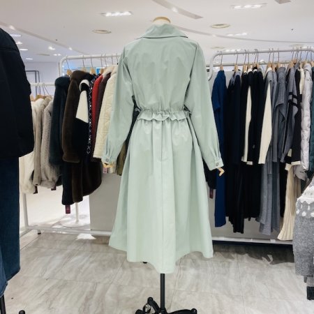 허리 스트링 카라 긴팔 원피스