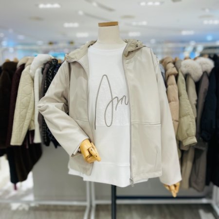 후드 배색 가죽 자켓