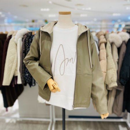 후드 배색 가죽 자켓