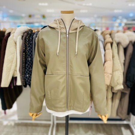 후드 배색 가죽 자켓