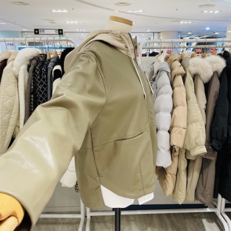 후드 배색 가죽 자켓