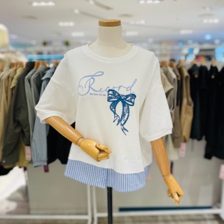 밑단 셔츠 배색 리본 티셔츠