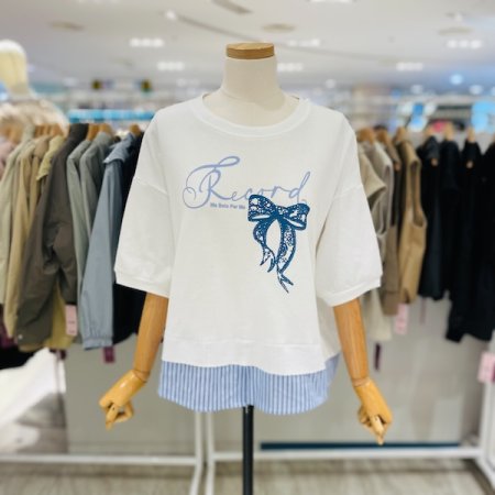 밑단 셔츠 배색 리본 티셔츠