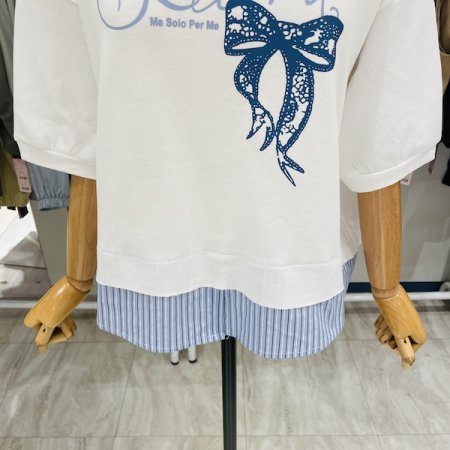 밑단 셔츠 배색 리본 티셔츠