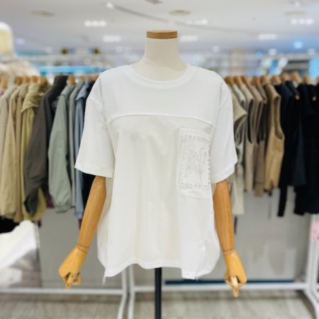 포켓 비즈 면 티셔츠