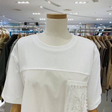 포켓 비즈 면 티셔츠