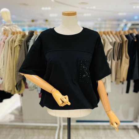 포켓 비즈 면 티셔츠