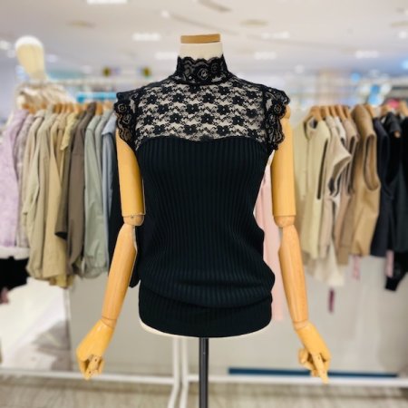 레이스 배색 민소매 니트