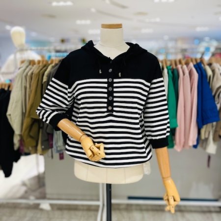 스트라이프 후드 니트