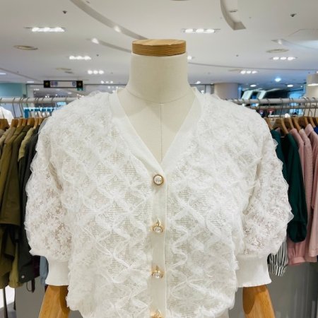 V넥 펄 플라워 반팔 가디건